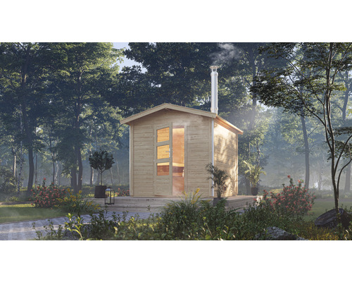 Chalet sauna à économie d'énergie Karibu Nosse 1 avec poêle à bois de sauna avec vestibule et porte en bois et verre à isolation thermique