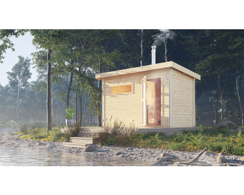 Chalet sauna à économie d'énergie Karibu Topas 1 avec poêle à bois de sauna avec vestibule et porte en bois et verre opale