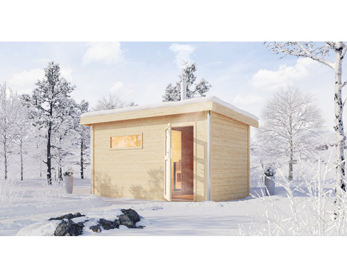 Chalet sauna à économie d'énergie Karibu Topas 3 avec poêle à bois de sauna avec vestibule et porte en bois et verre opale