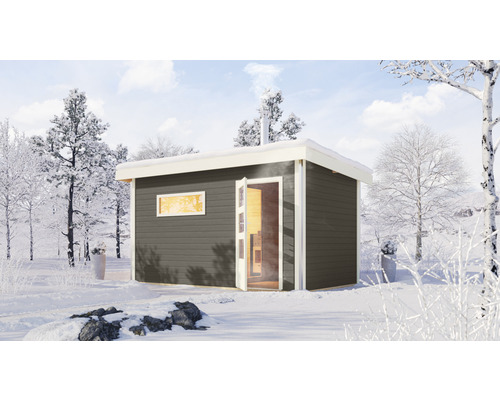 Chalet sauna à économie d'énergie Karibu Topas 3 avec poêle à bois de sauna avec vestibule et porte en bois et verre à isolation thermique gris terre cuite