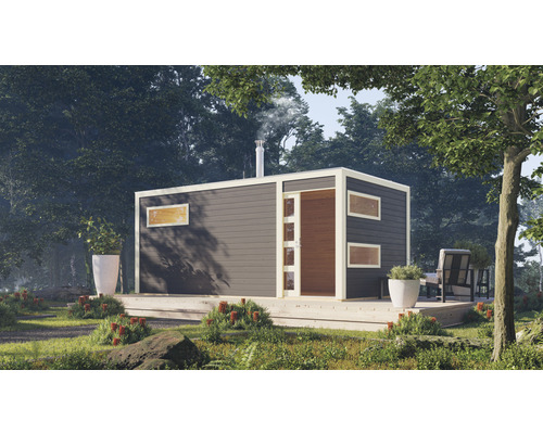 Chalet sauna à économie d'énergie Karibu Zirkon 2 avec poêle à bois de sauna avec vestibule et porte entièrement vitrée bronzée gris terre cuite