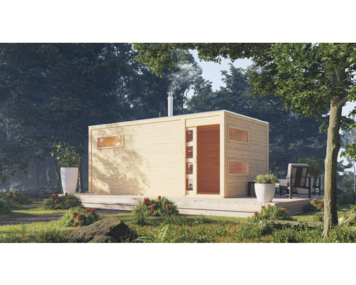 Chalet sauna à économie d'énergie Karibu Zirkon 2 avec poêle à bois de sauna avec vestibule et porte entièrement vitrée bronzée