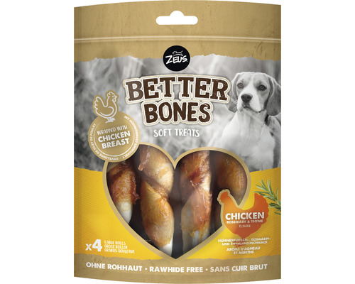 Friandises pour chiens Zeus BetterBones rouleau, poulet au thym 12 cm 4 pièces 152 g friandises à mâcher