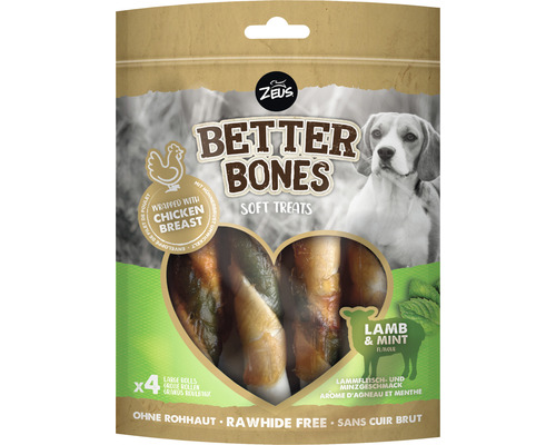 Friandises pour chiens Zeus BetterBones rouleau, agneau à la menthe 12 cm 4 pièces 152 g friandises à mâcher