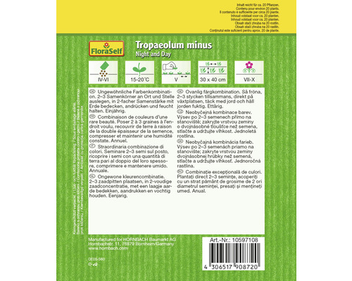 Emballage de graines de fleurs Tropaeolum minus Night and Day de FloraSelf avec des informations sur le semis