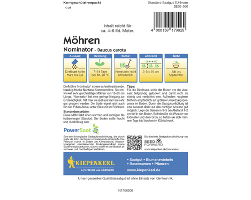 Möhren Nominator Saatgutpackung von Kiepenkerl mit Informationen zu Aussaat, Keimung, Kultur, Abstand und Ernte