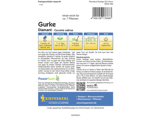 Sachet de graines de concombre Diamant, contenu suffisant pour environ 7 plantes, semis d''avril à juin, récolte de juillet à septembre, logo Kiepenkerl