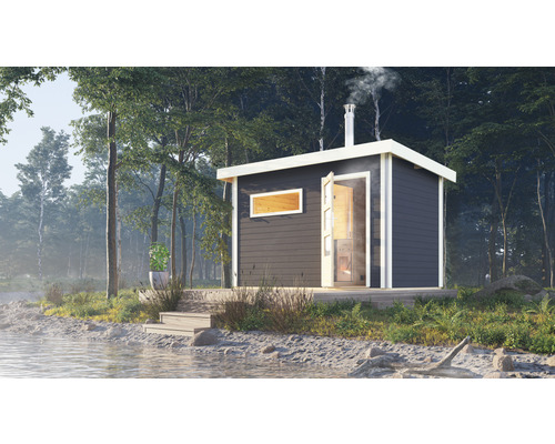 Chalet sauna à économie d'énergie Karibu Topas 1 avec poêle à bois de sauna avec vestibule et porte en bois et verre à isolation thermique gris terre cuite