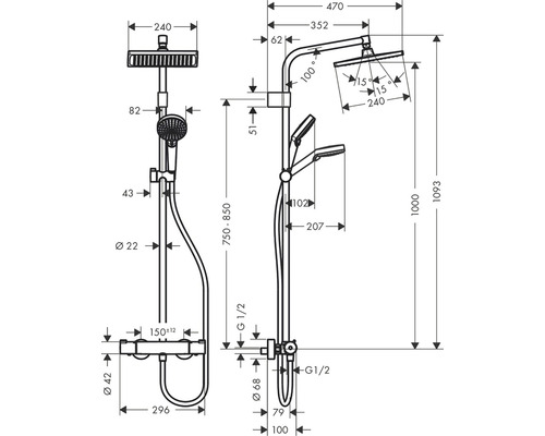 Technische Zeichnung einer Duscharmatur mit Maßen