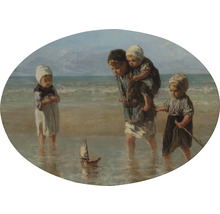 Peinture d''enfants jouant sur la plage avec un bateau jouet