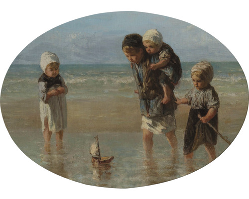 Tableau sur toile ovale Enfants à la plage 70x50 cm