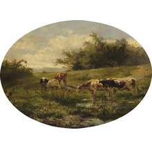 Leinwandbild Oval Kühe am Teich 70x50 cm