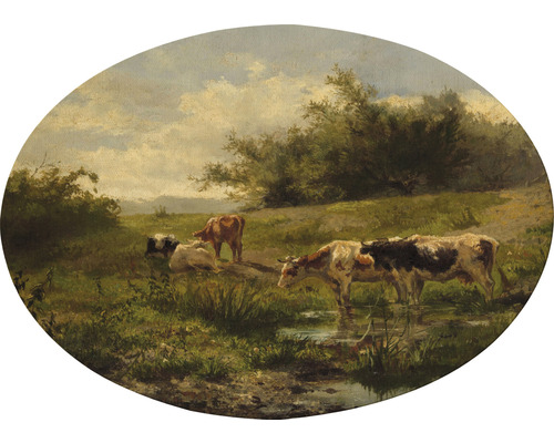 Tableau sur toile ovale Vaches au bord d'un étang 70x50 cm