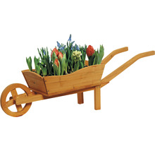 Brouette en bois avec décoration florale comme décoration de jardin