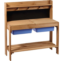 Hölzerne Kinderspielküche mit Arbeitsplatte und zwei blauen Wannen