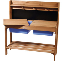 Hölzerner Pflanztisch mit blauen Behältern, einer Ablage und Haken.