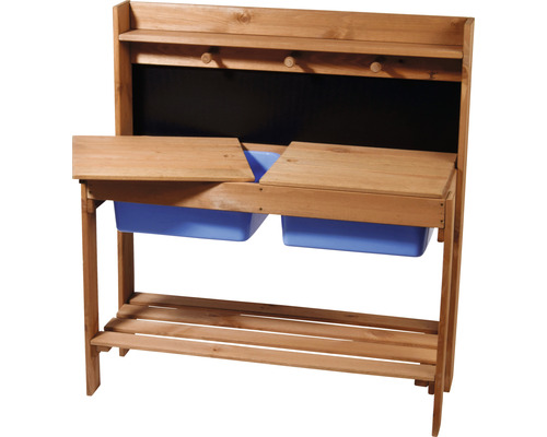 Hölzerner Pflanztisch mit blauen Behältern, einer Ablage und Haken.