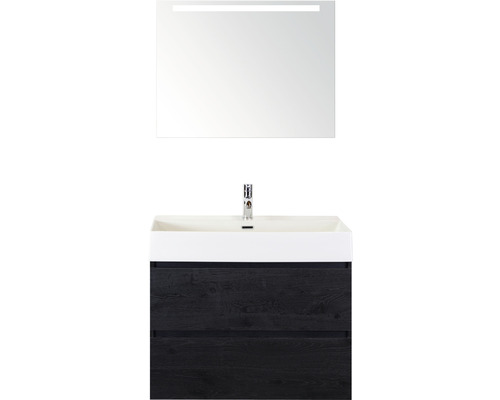 Set de meubles de salle de bains Sanox Maxx XL lxhxp 81 x 183 x 45,5 cm couleur de façade black oak avec vasque céramique blanc et vasque céramique miroir avec éclairage LED meuble sous vasque