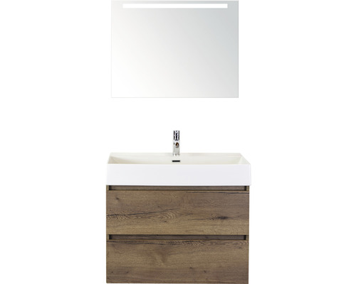 Set de meubles de salle de bains Sanox Maxx XL lxhxp 81 x 183 x 45,5 cm couleur de façade tabacco avec vasque céramique blanc et meuble sous vasque vasque miroir avec éclairage LED