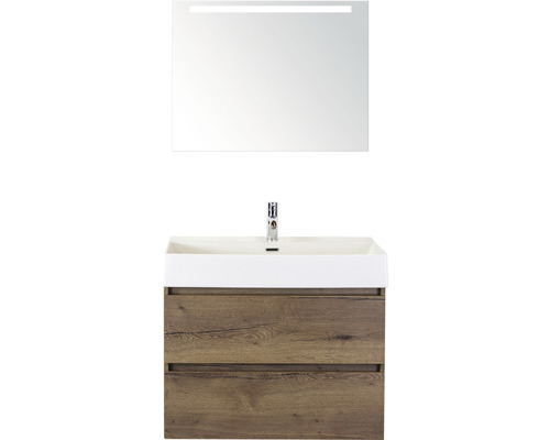 Badmöbel-Set Sanox Maxx XL BxHxT 81 x 183 x 45,5 cm Frontfarbe tabacco mit Waschtisch Keramik weiß und Waschtischunterschrank Waschtisch Spiegel mit LED-Beleuchtung Waschtischkombination mit Spiegel und Unterschrank in Holzoptik