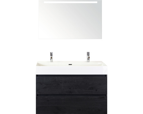 Badmöbel-Set Sanox Maxx XL BxHxT 101 x 183 x 45,5 cm Frontfarbe black oak mit Waschtisch Keramik weiß und Keramik-Doppelwaschtisch Spiegel mit LED-Beleuchtung Waschtischunterschrank
