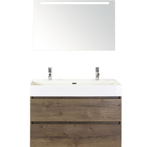 Badmöbel-Set Sanox Maxx XL BxHxT 101 x 183 x 45,5 cm Frontfarbe tabacco mit Waschtisch Keramik weiß und Keramik-Doppelwaschtisch Waschtischunterschrank Spiegel mit LED-Beleuchtung