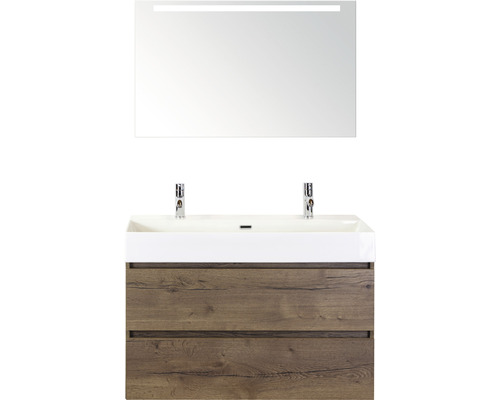 Set de meubles de salle de bains Sanox Maxx XL lxhxp 101 x 183 x 45,5 cm couleur de façade tabacco avec vasque céramique blanc et vasque double céramique meuble sous vasque miroir avec éclairage LED