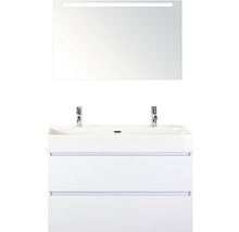 Badmöbel-Set Sanox Maxx XL BxHxT 101 x 183 x 45,5 cm Frontfarbe weiß hochglanz mit Waschtisch Keramik weiß und Keramik-Doppelwaschtisch Waschtischunterschrank Spiegel mit LED-Beleuchtung