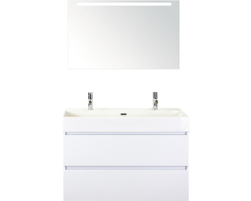 Set de meubles de salle de bains Sanox Maxx XL lxhxp 101 x 183 x 45,5 cm couleur de façade blanc haute brillance avec vasque céramique blanc et vasque double céramique meuble sous vasque miroir avec éclairage LED