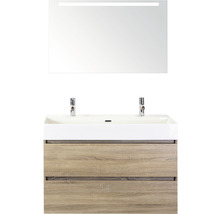Badmöbel-Set Sanox Maxx XL BxHxT 101 x 183 x 45,5 cm Frontfarbe eiche grau mit Waschtisch Keramik weiß und Keramik-Doppelwaschtisch Waschtischunterschrank Spiegel mit LED-Beleuchtung