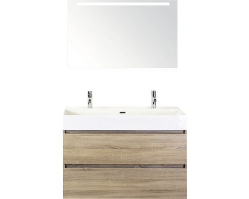 Set de meubles de salle de bains Sanox Maxx XL lxhxp 101 x 183 x 45,5 cm couleur de façade chêne gris avec vasque céramique blanc et vasque double céramique meuble sous vasque miroir avec éclairage LED