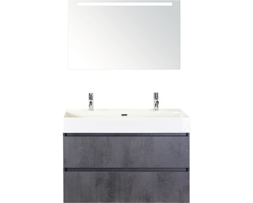 Badmöbel-Set Sanox Maxx XL BxHxT 101 x 183 x 45,5 cm Frontfarbe beton anthrazit mit Waschtisch Keramik weiß und Keramik-Doppelwaschtisch Waschtischunterschrank Spiegel mit LED-Beleuchtung
