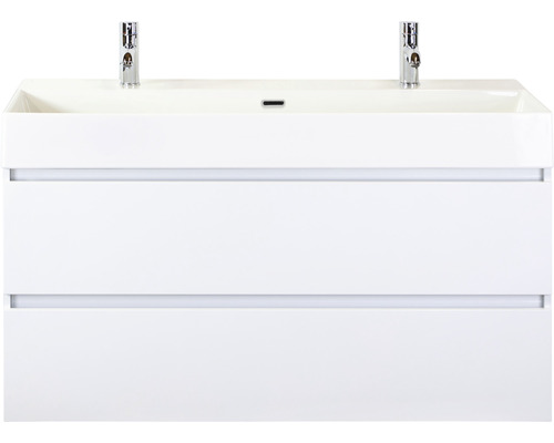Badmöbel-Set Maxx XL 120 cm mit Keramikwaschtisch 2 Hahnlöcher weiß hochglanz Weißer Waschtischunterschrank mit zwei Schubladen und zwei Armaturen