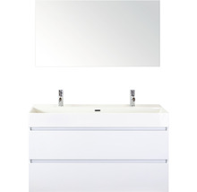 Badmöbel-Set Maxx XL 120 cm mit Keramikwaschtisch 2 Hahnlöcher und Spiegel weiß hochglanz