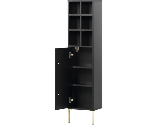 Armoire haute noire avec étagères ouvertes et une porte sur pieds dorés.