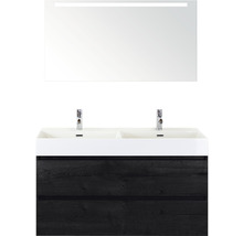 Doppelbadmöbel Sanox Maxx XL BxHxT 121 x 183 x 45,5 cm Frontfarbe black oak mit Waschtisch Keramik weiß und Keramik-Doppelwaschtisch Spiegel mit LED-Beleuchtung Waschtischunterschrank 81736549