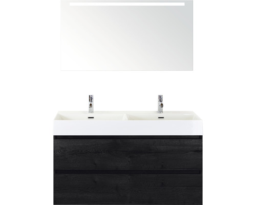 Doppelbadmöbel Sanox Maxx XL BxHxT 121 x 183 x 45,5 cm Frontfarbe black oak mit Waschtisch Keramik weiß und Keramik-Doppelwaschtisch Spiegel mit LED-Beleuchtung Waschtischunterschrank 81736549
