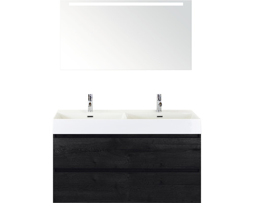Doppelbadmöbel Sanox Maxx XL BxHxT 121 x 183 x 45,5 cm Frontfarbe black oak mit Waschtisch Keramik weiß und Keramik-Doppelwaschtisch Spiegel mit LED-Beleuchtung Waschtischunterschrank 81736549 Waschtisch mit zwei Waschbecken, Armaturen, Unterschrank und Spiegel mit Beleuchtung