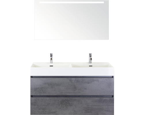 Set de meubles de salle de bains Sanox Maxx XL lxhxp 121 x 183 x 45,5 cm couleur de façade béton anthracite avec vasque céramique blanc et vasque double céramique meuble sous vasque miroir avec éclairage LED