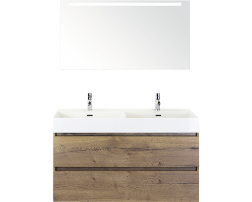 Set de meubles de salle de bains Sanox Maxx XL lxhxp 121 x 183 x 45,5 cm couleur de façade tabacco avec vasque céramique blanc et vasque double céramique meuble sous vasque miroir avec éclairage LED