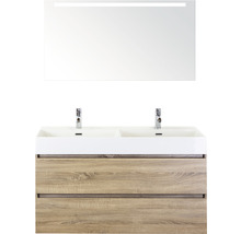 Doppelbadmöbel Sanox Maxx XL BxHxT 121 x 183 x 45,5 cm Frontfarbe eiche grau mit Waschtisch Keramik weiß und Keramik-Doppelwaschtisch Waschtischunterschrank Spiegel mit LED-Beleuchtung 81736516