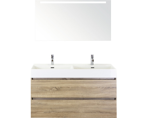 Doppelbadmöbel Sanox Maxx XL BxHxT 121 x 183 x 45,5 cm Frontfarbe eiche grau mit Waschtisch Keramik weiß und Keramik-Doppelwaschtisch Waschtischunterschrank Spiegel mit LED-Beleuchtung 81736516