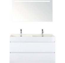 Doppelbadmöbel Sanox Maxx XL BxHxT 121 x 183 x 45,5 cm Frontfarbe weiß hochglanz mit Waschtisch Keramik weiß und Keramik-Doppelwaschtisch Waschtischunterschrank Spiegel mit LED-Beleuchtung 81736501