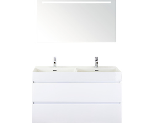 Set de meubles de salle de bains Sanox Maxx XL lxhxp 121 x 183 x 45,5 cm couleur de façade blanc haute brillance avec vasque céramique blanc et vasque double céramique meuble sous vasque miroir avec éclairage LED