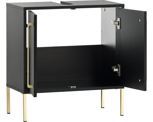 Meuble sous-lavabo avec deux portes ouvertes et pieds dorés