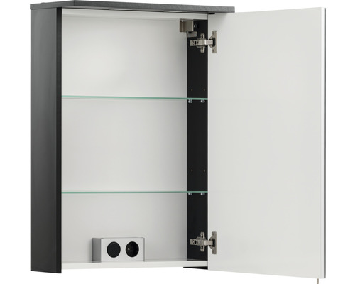 Armoire de toilette Möbelpartner Sarah 72,3 x 15,9 x 72,3 cm noir 1 porte led Armoire de toilette ouverte avec deux étagères en verre et une prise