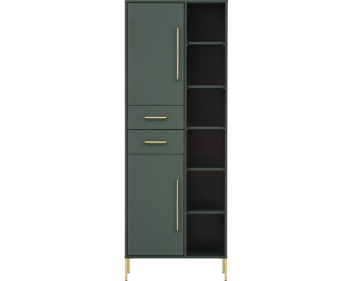 Armoire haute avec deux tiroirs, une porte et des étagères ouvertes.