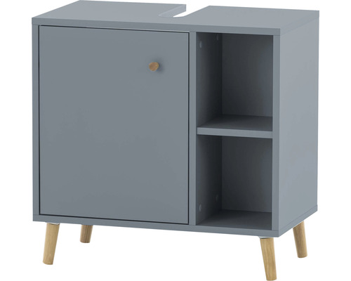 Meuble sous-lavabo gris avec porte, poignée et étagère ouverte