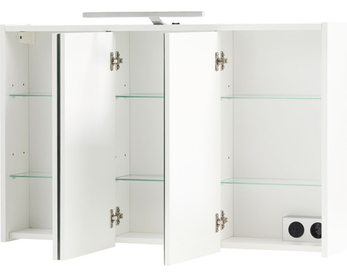 Armoire de toilette blanche avec trois portes, étagères en verre et éclairage