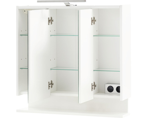 Armoire de toilette blanche ouverte avec étagères en verre et éclairage